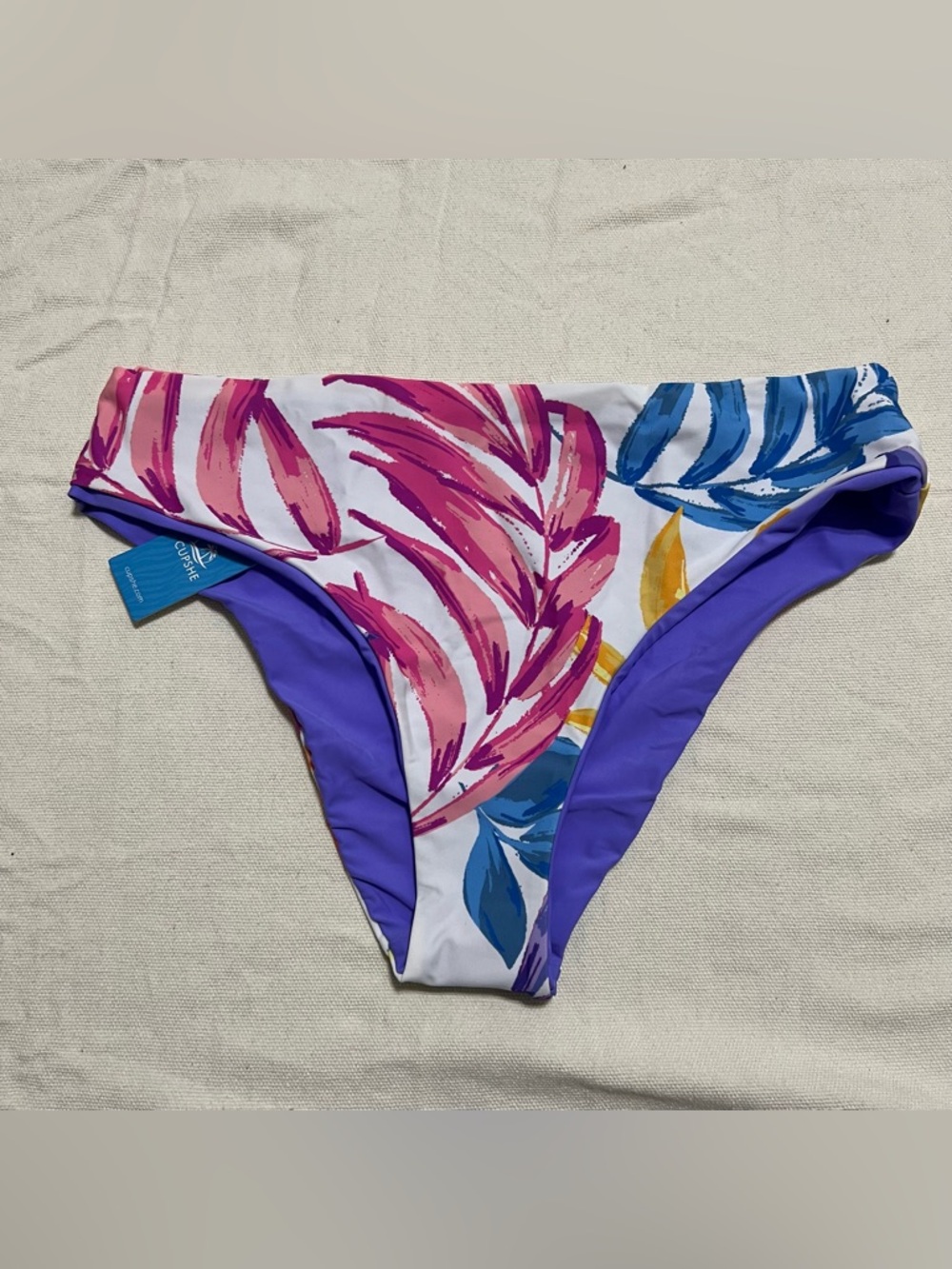 Cupshe Purple Tropical Leaf Print Bikini Bottom with Pink & Blue Accents size L